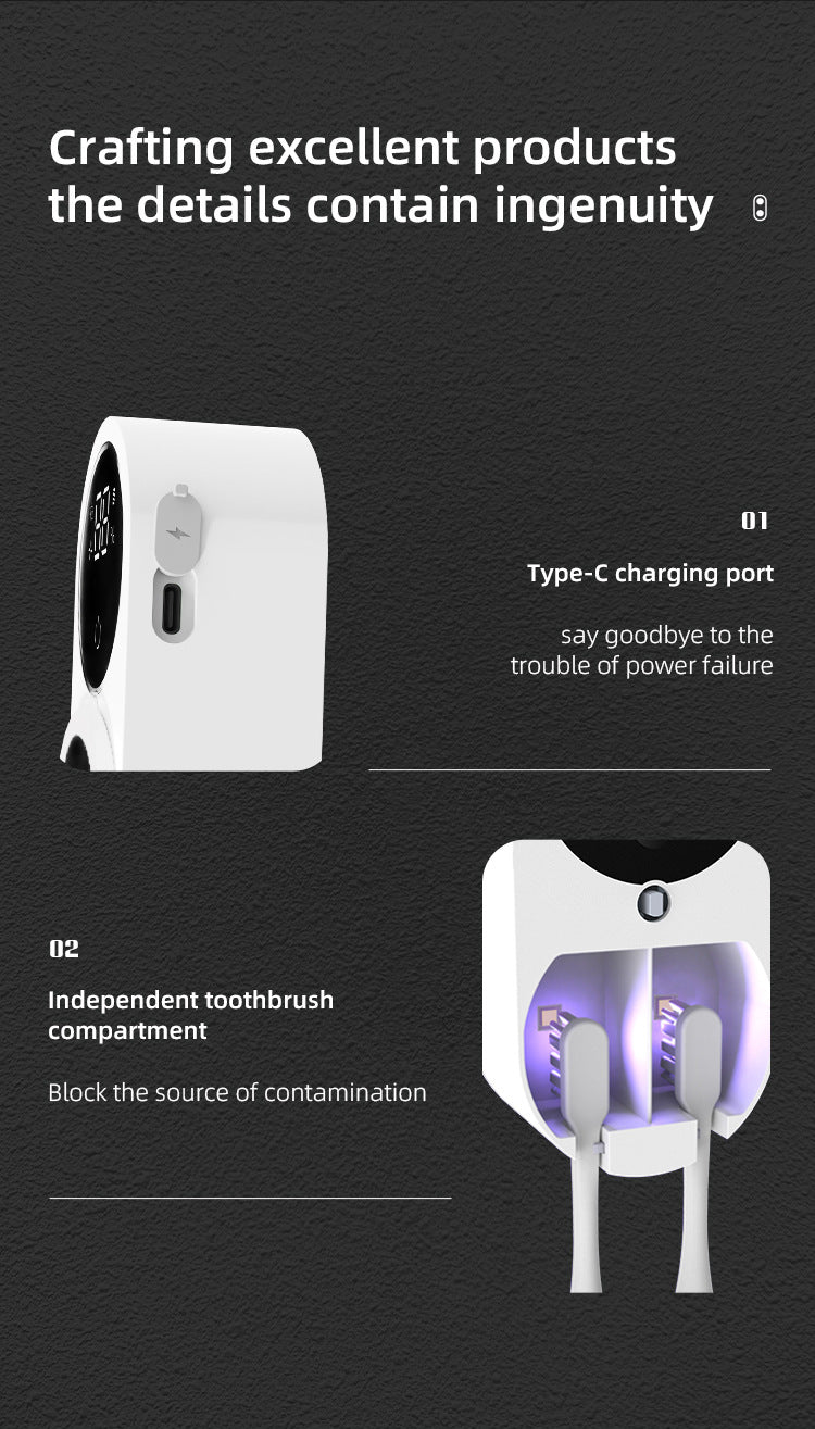 Wall‑Mount No‑Drill Smart Toothbrush Holder with UV Sterilization & Drying