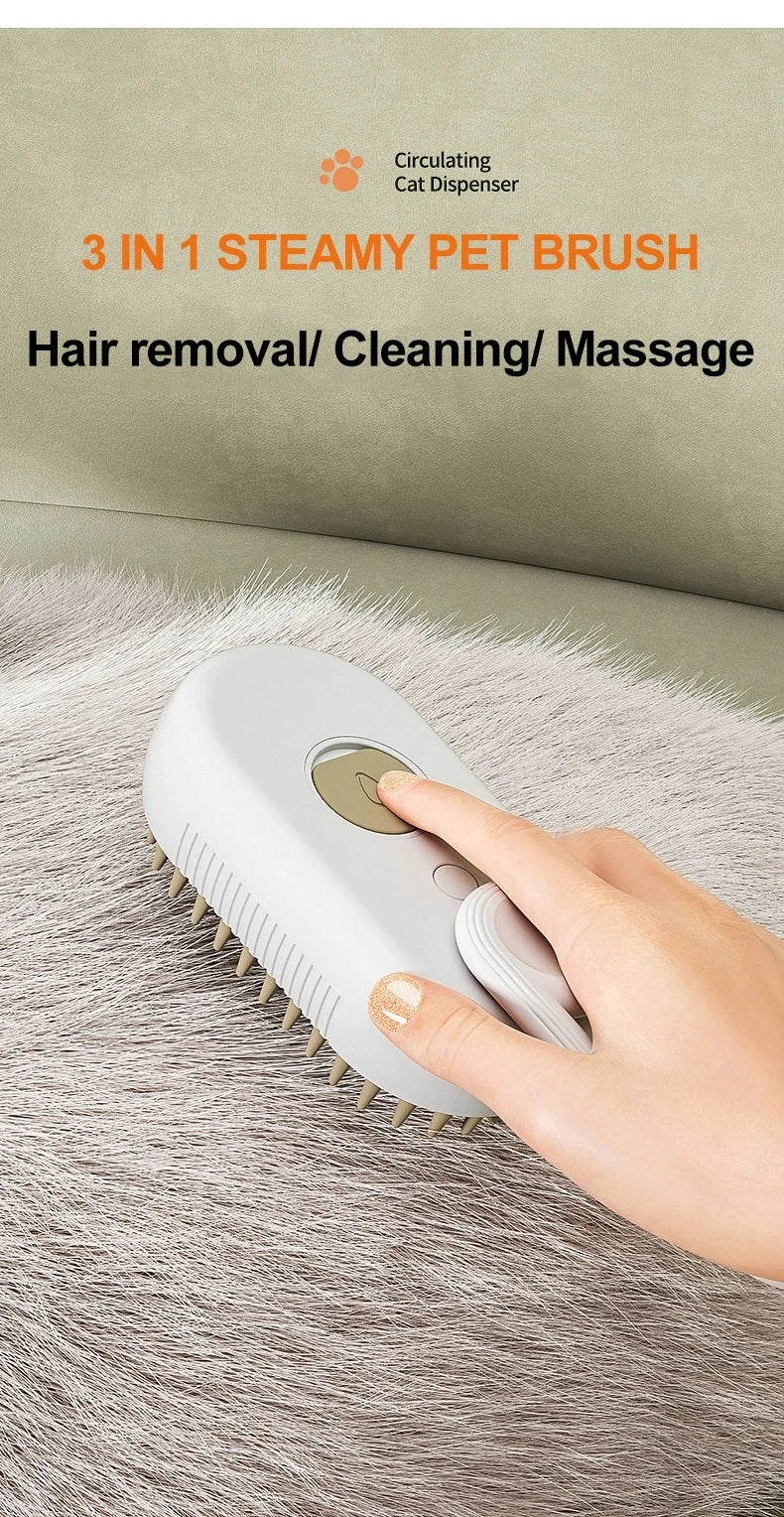 3‑in‑1 Electric Pet Steam Brush, One‑Click Spray for Floating Hair Removal