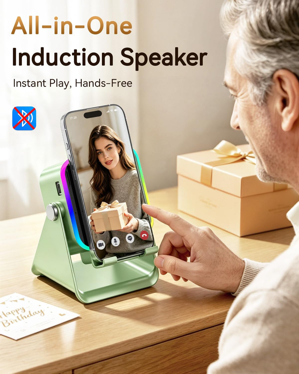 5‑in‑1 Inductive Phone Speaker Stand, No‑Pairing Instant Sound Desktop Phone Holder with RGB Ambient Light, Adjustable Angle Smartphone Stand for Desk