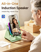 5‑in‑1 Inductive Phone Speaker Stand, No‑Pairing Instant Sound Desktop Phone Holder with RGB Ambient Light, Adjustable Angle Smartphone Stand for Desk