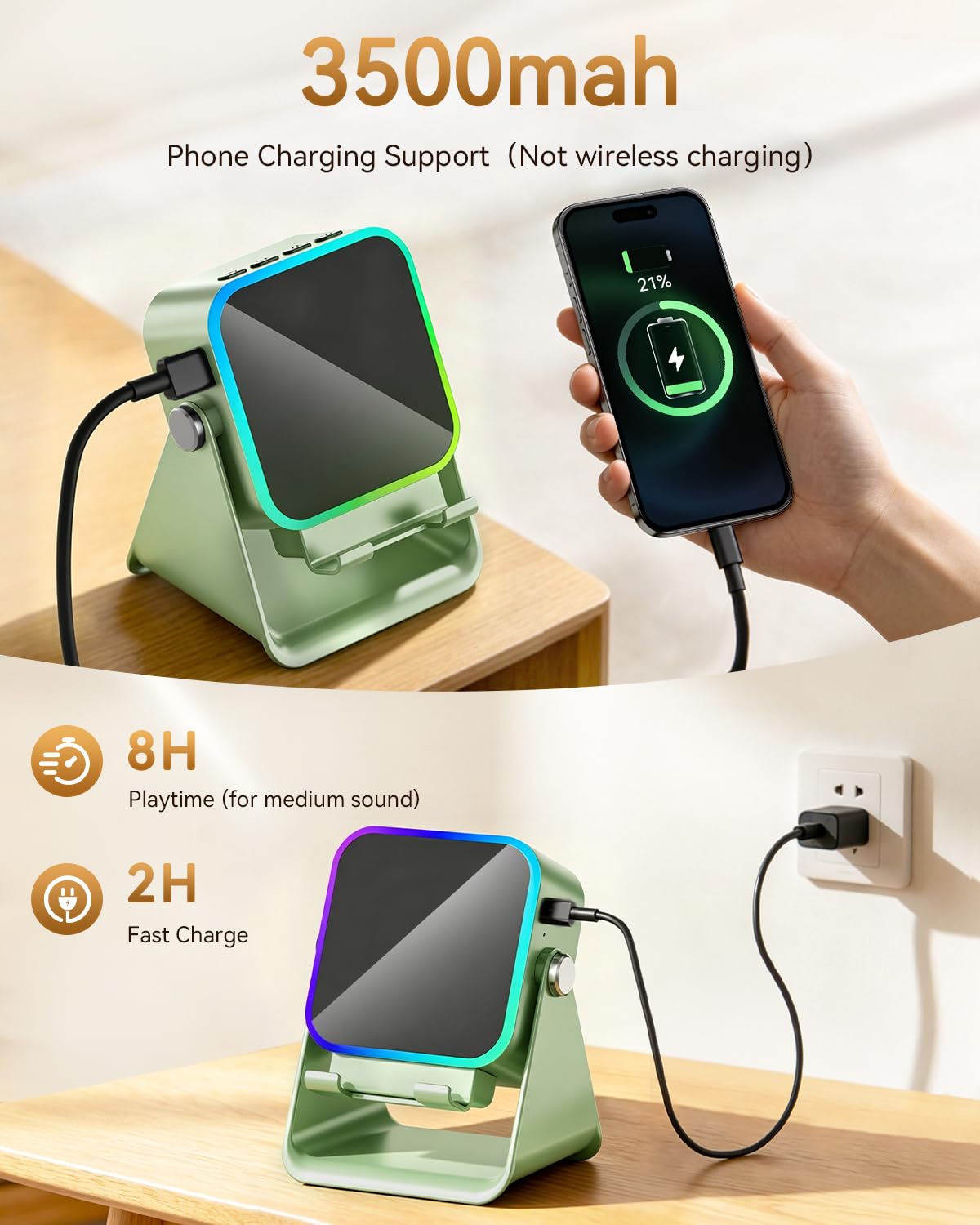 5‑in‑1 Inductive Phone Speaker Stand, No‑Pairing Instant Sound Desktop Phone Holder with RGB Ambient Light, Adjustable Angle Smartphone Stand for Desk