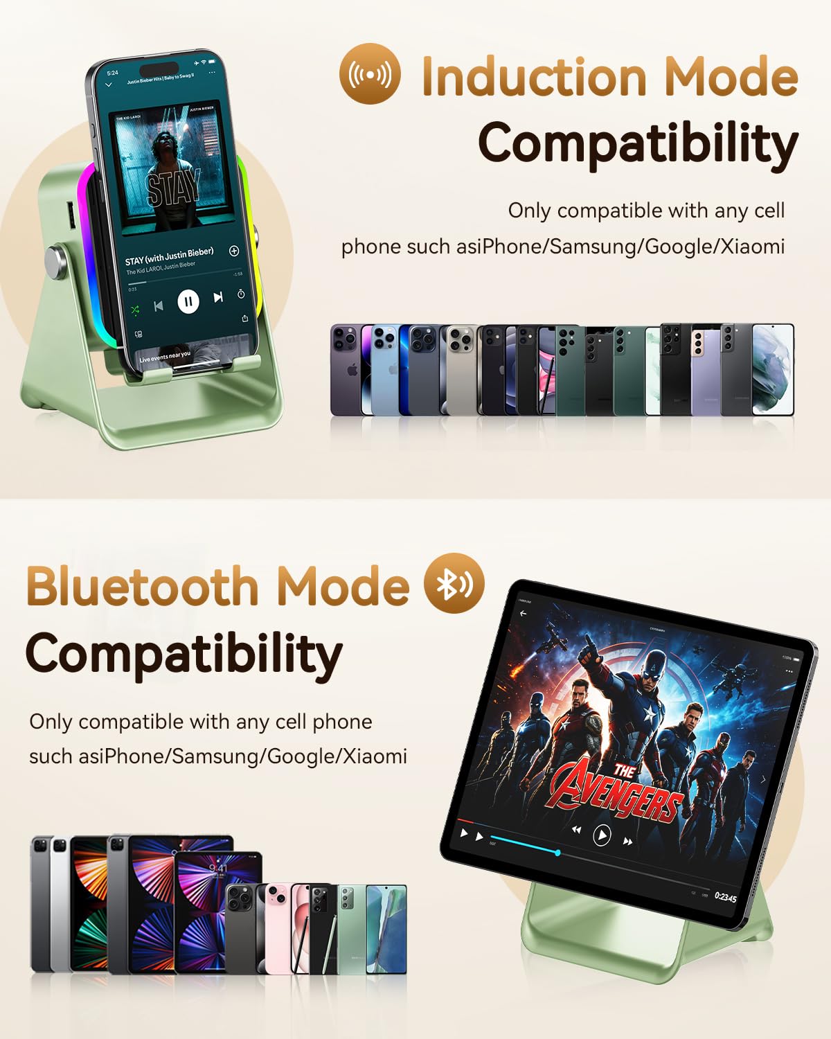 5‑in‑1 Inductive Phone Speaker Stand, No‑Pairing Instant Sound Desktop Phone Holder with RGB Ambient Light, Adjustable Angle Smartphone Stand for Desk