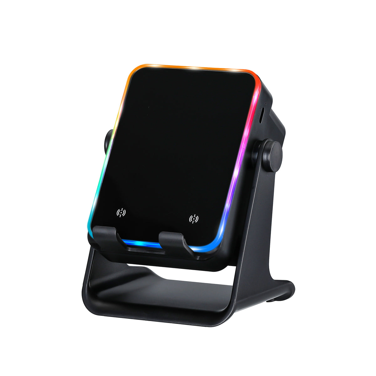 5‑in‑1 Inductive Phone Speaker Stand, No‑Pairing Instant Sound Desktop Phone Holder with RGB Ambient Light, Adjustable Angle Smartphone Stand for Desk